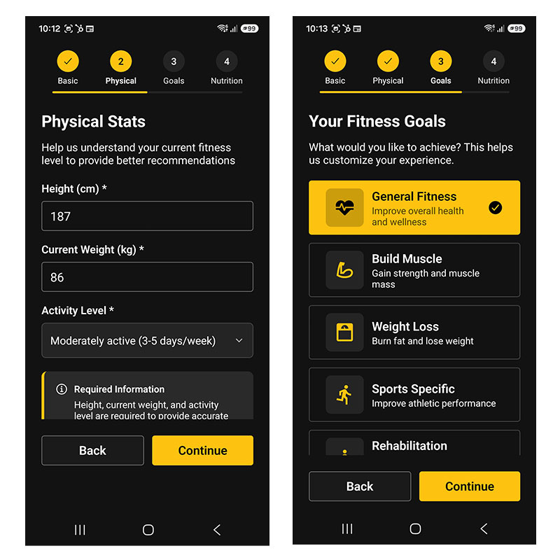 VIVN app physical stats and fitness goals screen